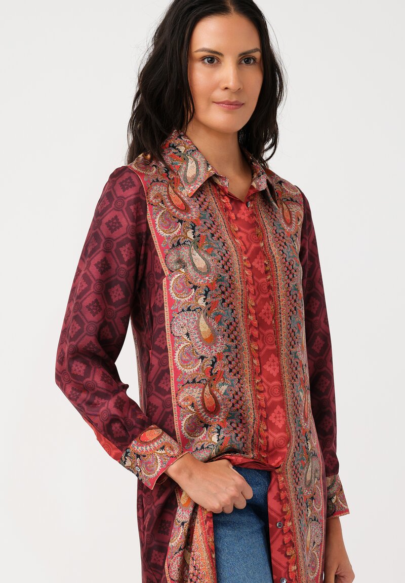 Pierre Louis Mascia Silk Aloe Dress in Red & Burgundy Diamonds & Paisley