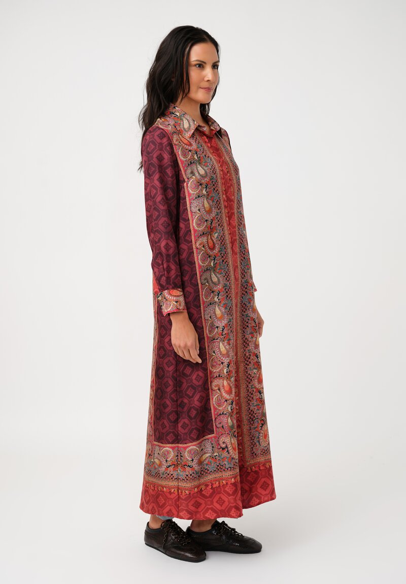 Pierre Louis Mascia Silk Aloe Dress in Red & Burgundy Diamonds & Paisley