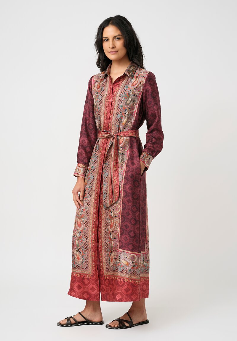 Pierre Louis Mascia Silk Aloe Dress in Red & Burgundy Diamonds & Paisley