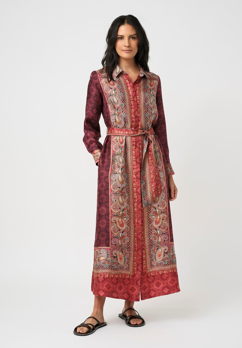 Pierre Louis Mascia Silk Aloe Dress in Red & Burgundy Diamonds & Paisley