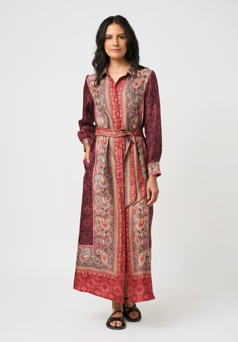 Pierre Louis Mascia Silk Aloe Dress in Red & Burgundy Diamonds & Paisley
