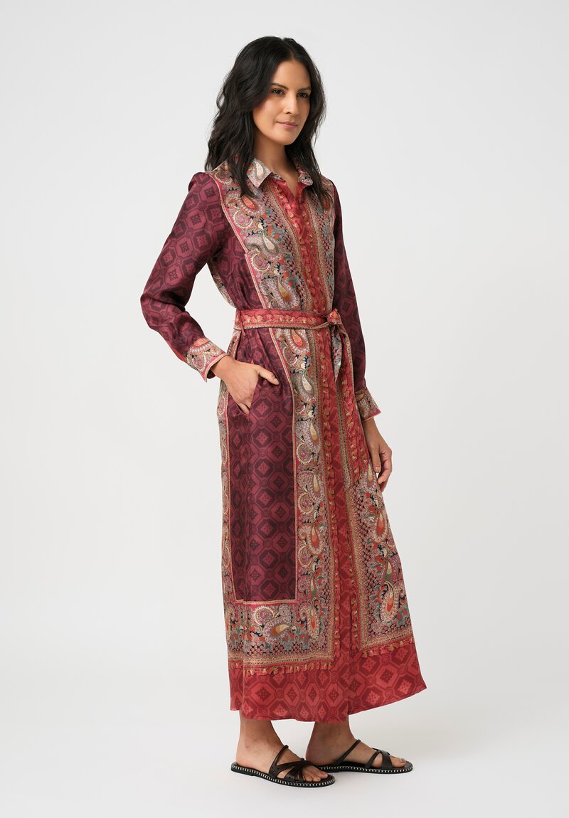 Pierre Louis Mascia Silk Aloe Dress in Red & Burgundy Diamonds & Paisley