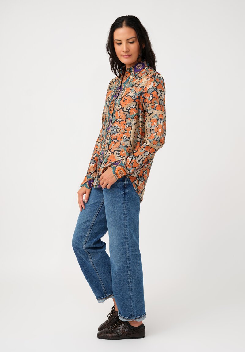 Pierre-Louis Mascia Silk Aloe Long Sleeve Button-Down Top in Orange Nomadic & Baroque Tapestry Print