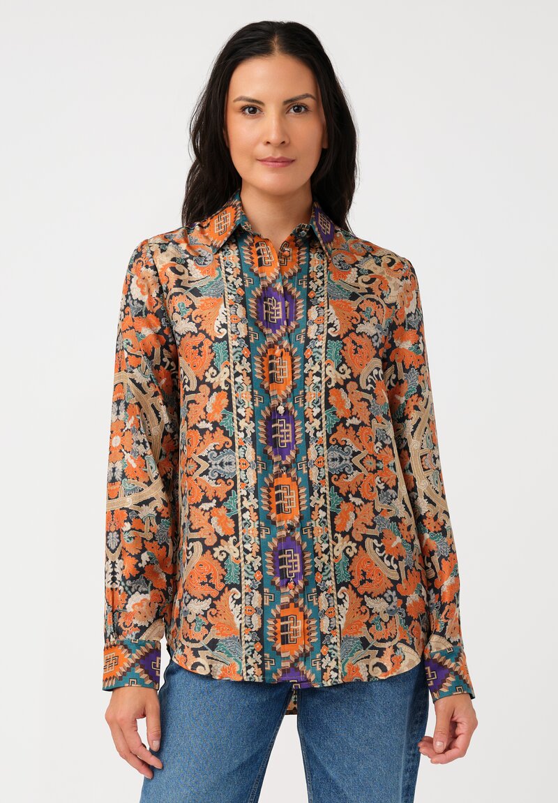 Pierre-Louis Mascia Silk Aloe Long Sleeve Button-Down Top in Orange Nomadic & Baroque Tapestry Print