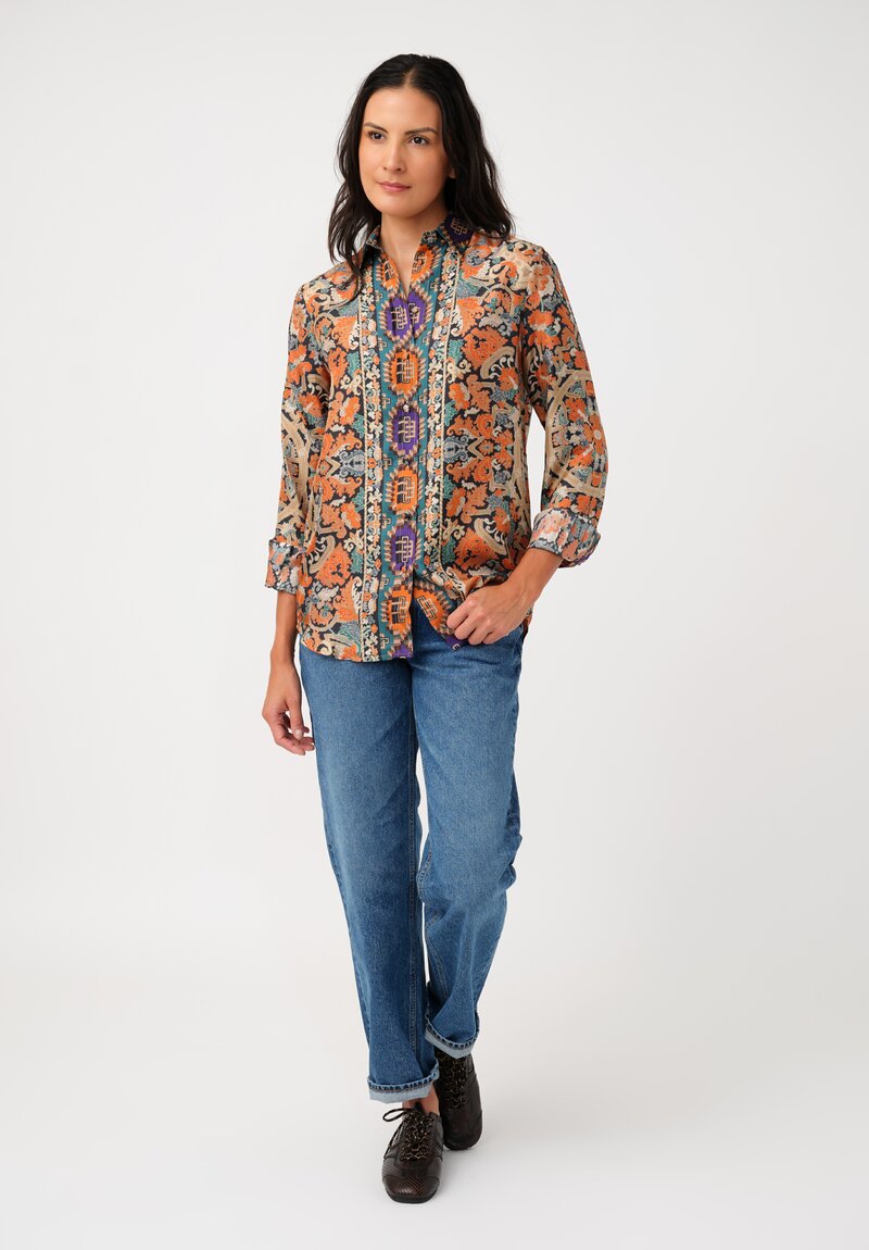 Pierre-Louis Mascia Silk Aloe Long Sleeve Button-Down Top in Orange Nomadic & Baroque Tapestry Print