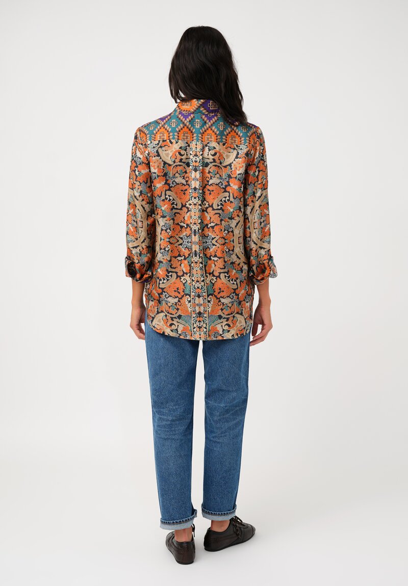 Pierre-Louis Mascia Silk Aloe Long Sleeve Button-Down Top in Orange Nomadic & Baroque Tapestry Print