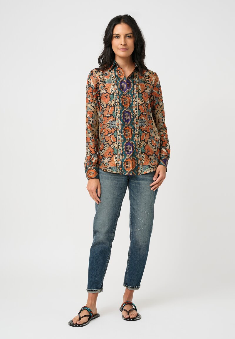 Pierre-Louis Mascia Silk Aloe Long Sleeve Button-Down Top in Orange Nomadic & Baroque Tapestry Print