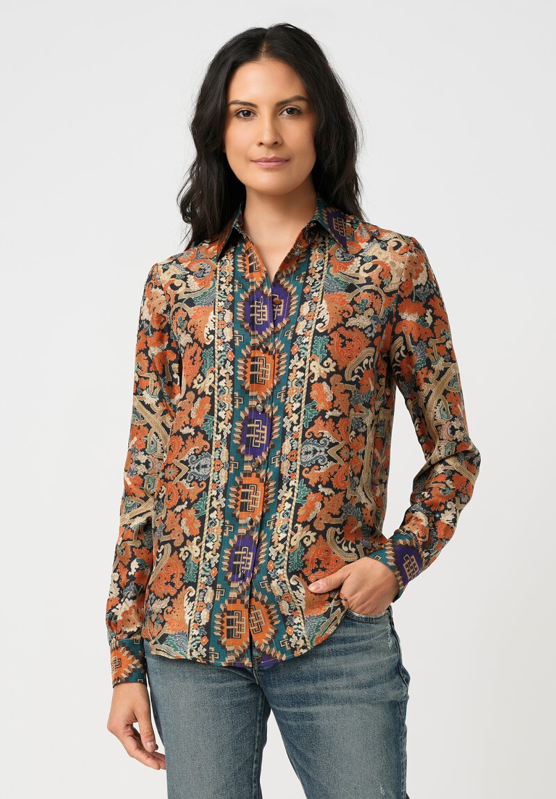 Pierre-Louis Mascia Silk Aloe Long Sleeve Button-Down Top in Orange Nomadic & Baroque Tapestry Print