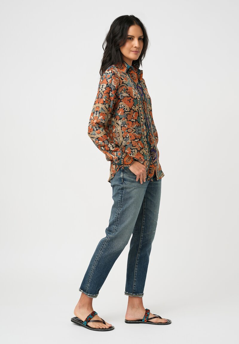 Pierre-Louis Mascia Silk Aloe Long Sleeve Button-Down Top in Orange Nomadic & Baroque Tapestry Print