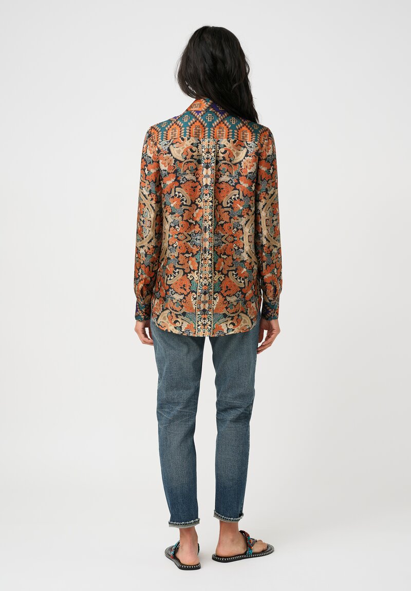 Pierre-Louis Mascia Silk Aloe Long Sleeve Button-Down Top in Orange Nomadic & Baroque Tapestry Print