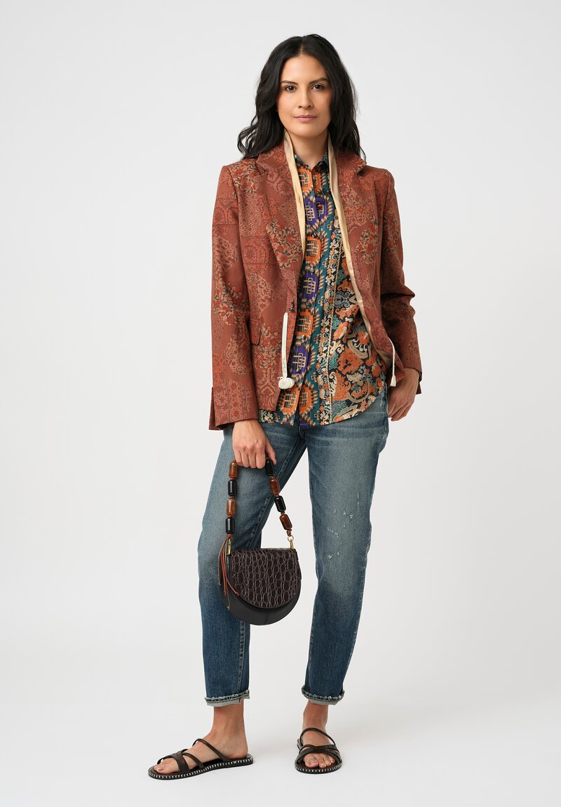 Pierre-Louis Mascia Silk Aloe Long Sleeve Button-Down Top in Orange Nomadic & Baroque Tapestry Print