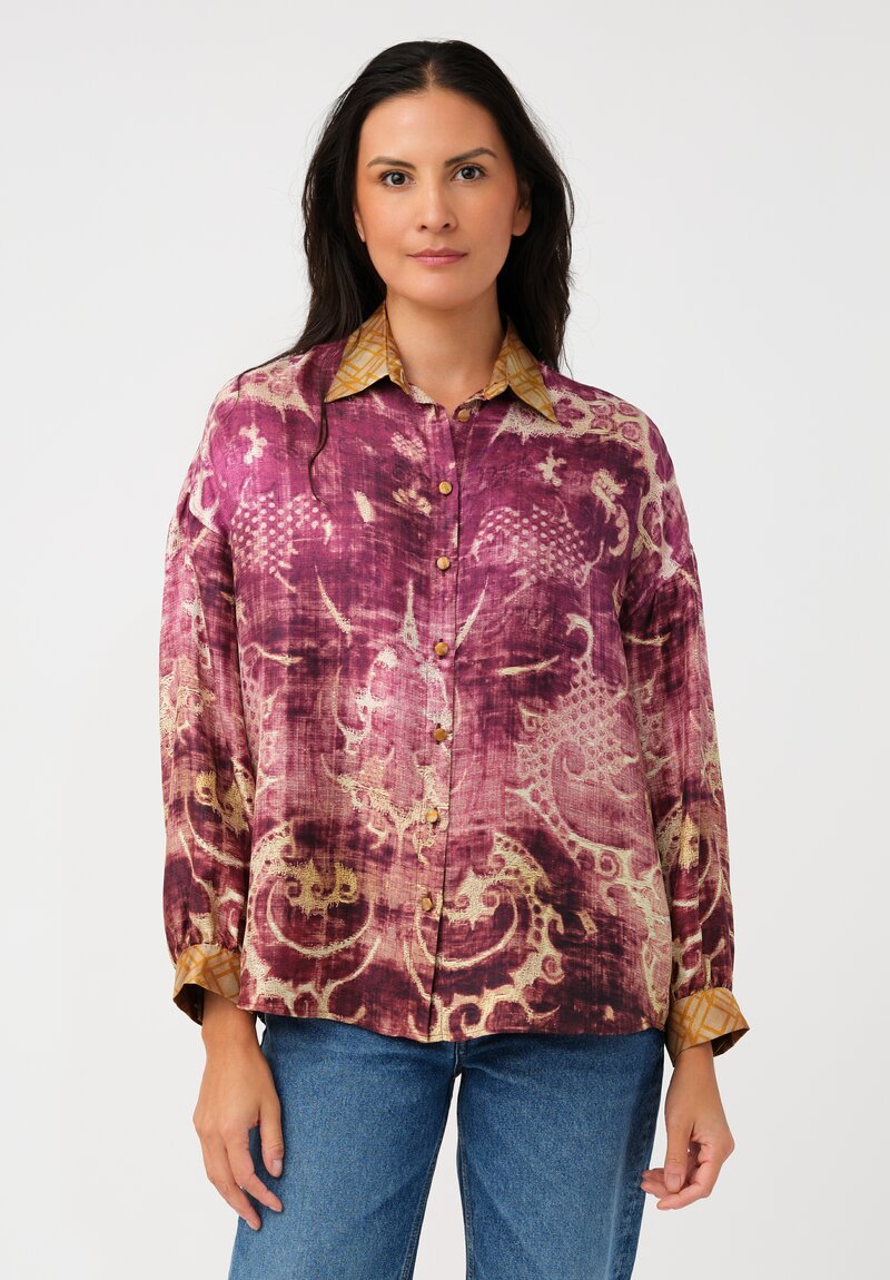 Pierre Louis Mascia Silk Aloe Button-Down Top in Antique Magenta Purple Patina