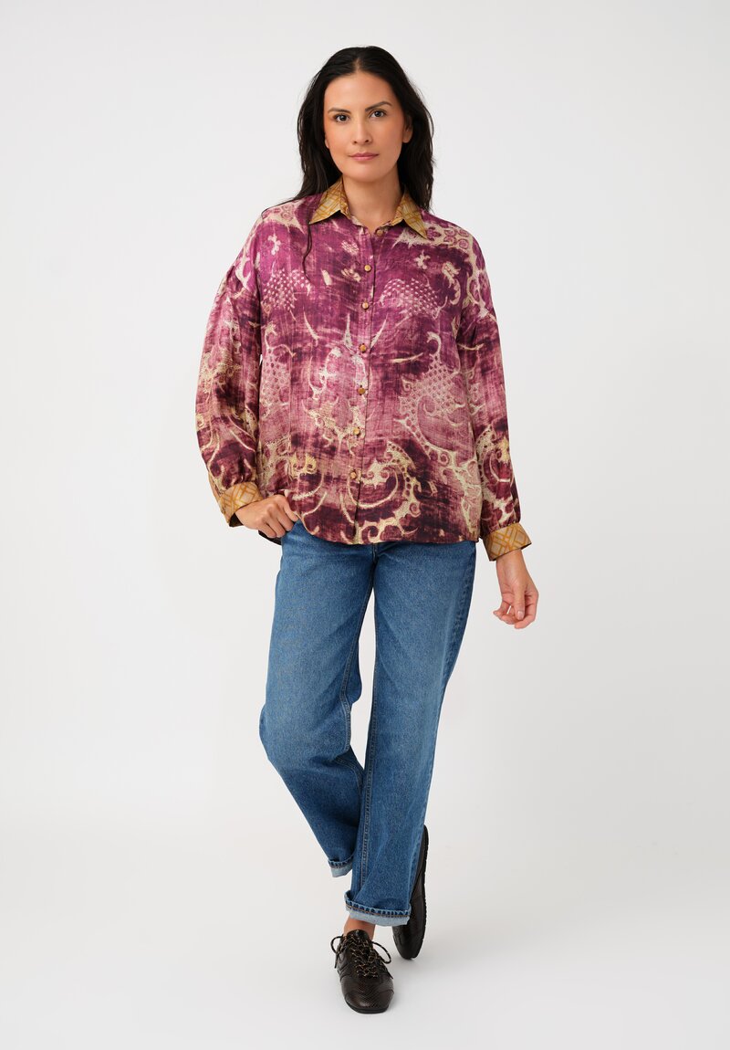 Pierre Louis Mascia Silk Aloe Button-Down Top in Antique Magenta Purple Patina