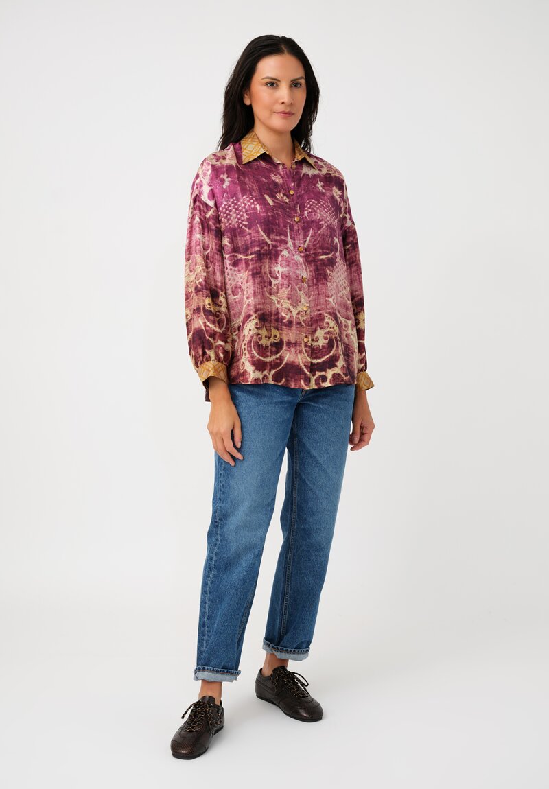 Pierre Louis Mascia Silk Aloe Button-Down Top in Antique Magenta Purple Patina