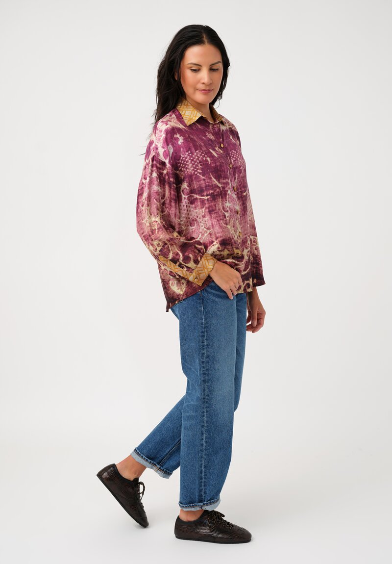 Pierre Louis Mascia Silk Aloe Button-Down Top in Antique Magenta Purple Patina