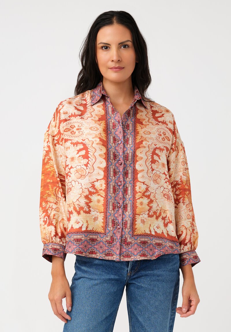 Pierre Louis Mascia Silk Aloe Button-Down Top in Orange Floral Tapestries