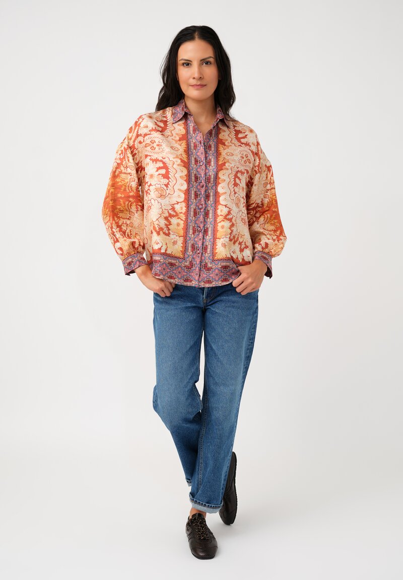 Pierre Louis Mascia Silk Aloe Button-Down Top in Orange Floral Tapestries