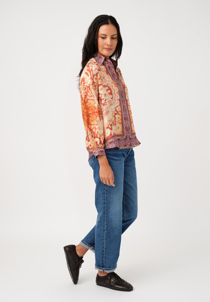 Pierre Louis Mascia Silk Aloe Button-Down Top in Orange Floral Tapestries