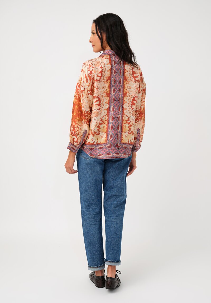 Pierre Louis Mascia Silk Aloe Button-Down Top in Orange Floral Tapestries