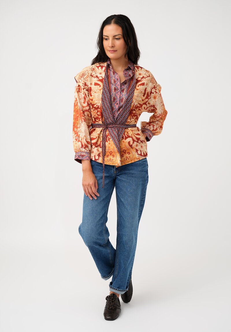 Pierre Louis Mascia Silk Aloe Button-Down Top in Orange Floral Tapestries