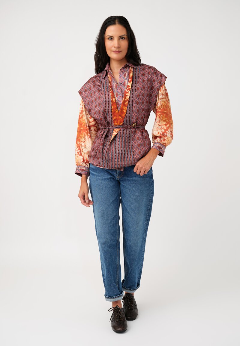 Pierre Louis Mascia Silk Aloe Button-Down Top in Orange Floral Tapestries