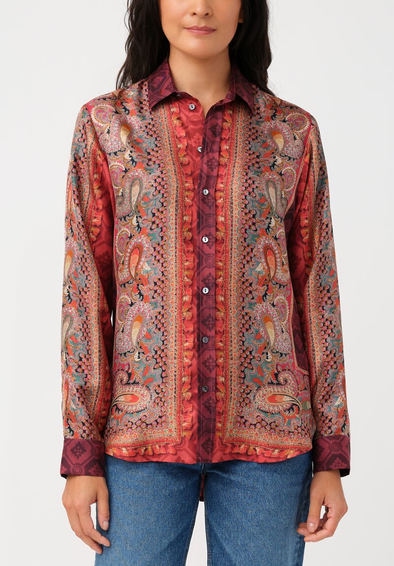 Pierre-Louis Mascia Silk Aloe Long Sleeve Button-Down Top in Paisley, Red & Burgundy Diamonds