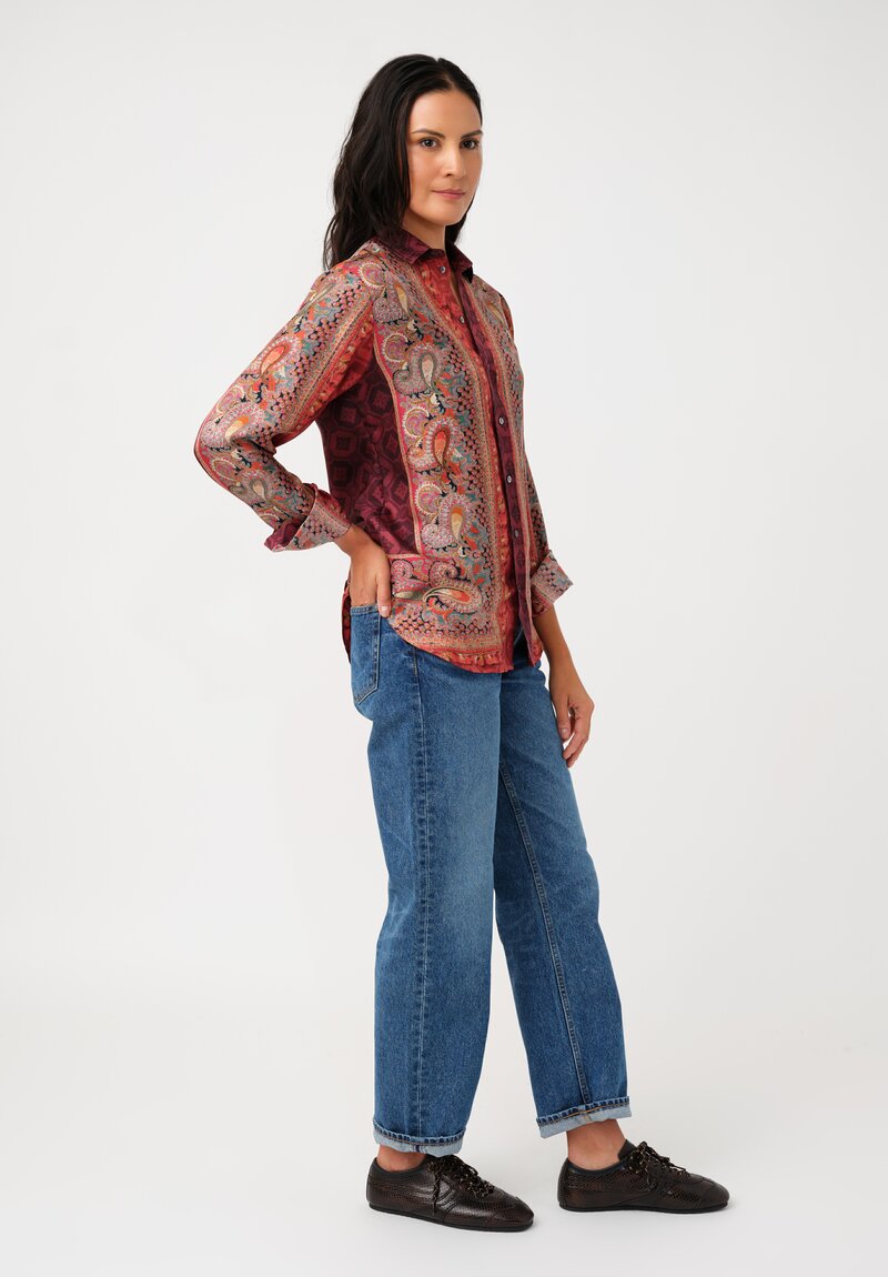 Pierre-Louis Mascia Silk Aloe Long Sleeve Button-Down Top in Paisley, Red & Burgundy Diamonds