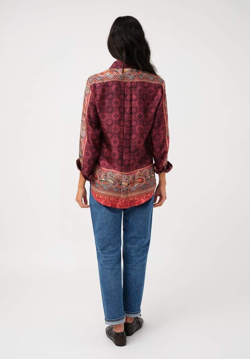 Pierre-Louis Mascia Silk Aloe Long Sleeve Button-Down Top in Paisley, Red & Burgundy Diamonds