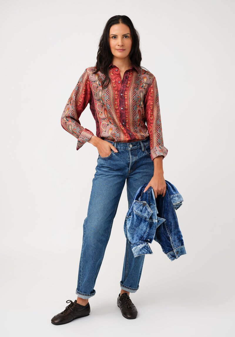 Pierre-Louis Mascia Silk Aloe Long Sleeve Button-Down Top in Paisley, Red & Burgundy Diamonds