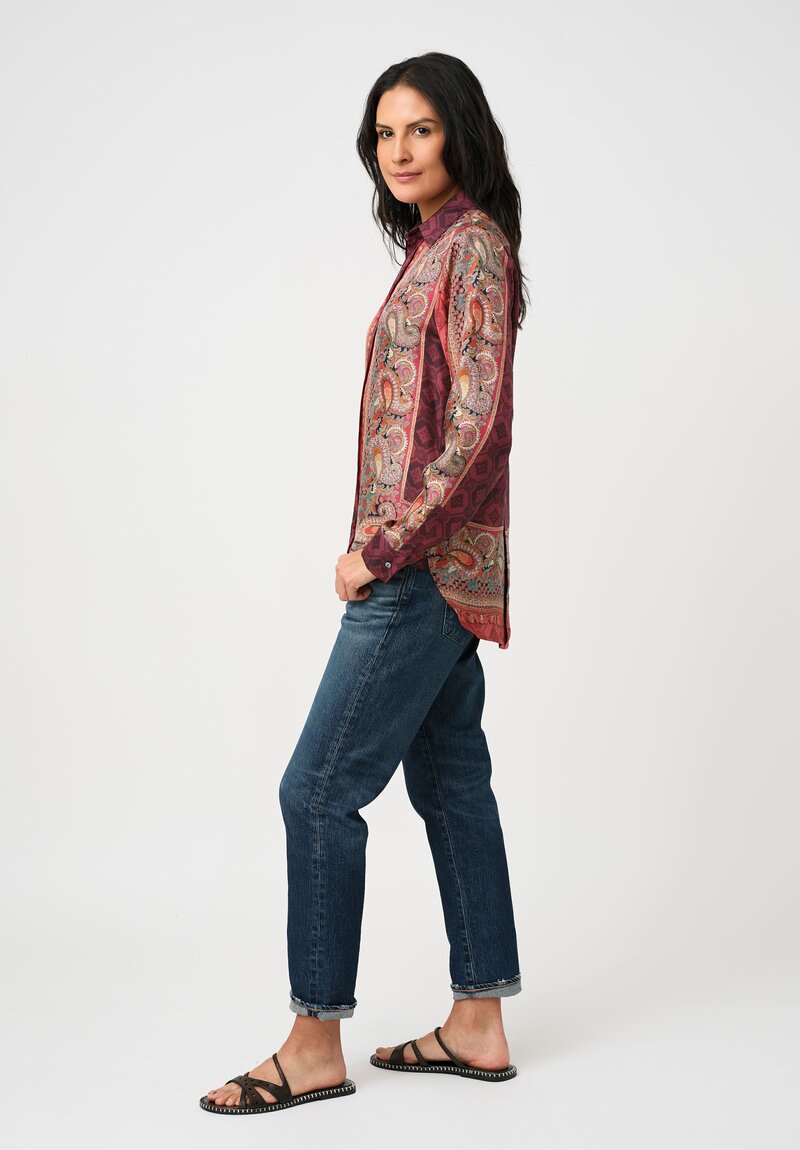 Pierre-Louis Mascia Silk Aloe Long Sleeve Button-Down Top in Paisley, Red & Burgundy Diamonds