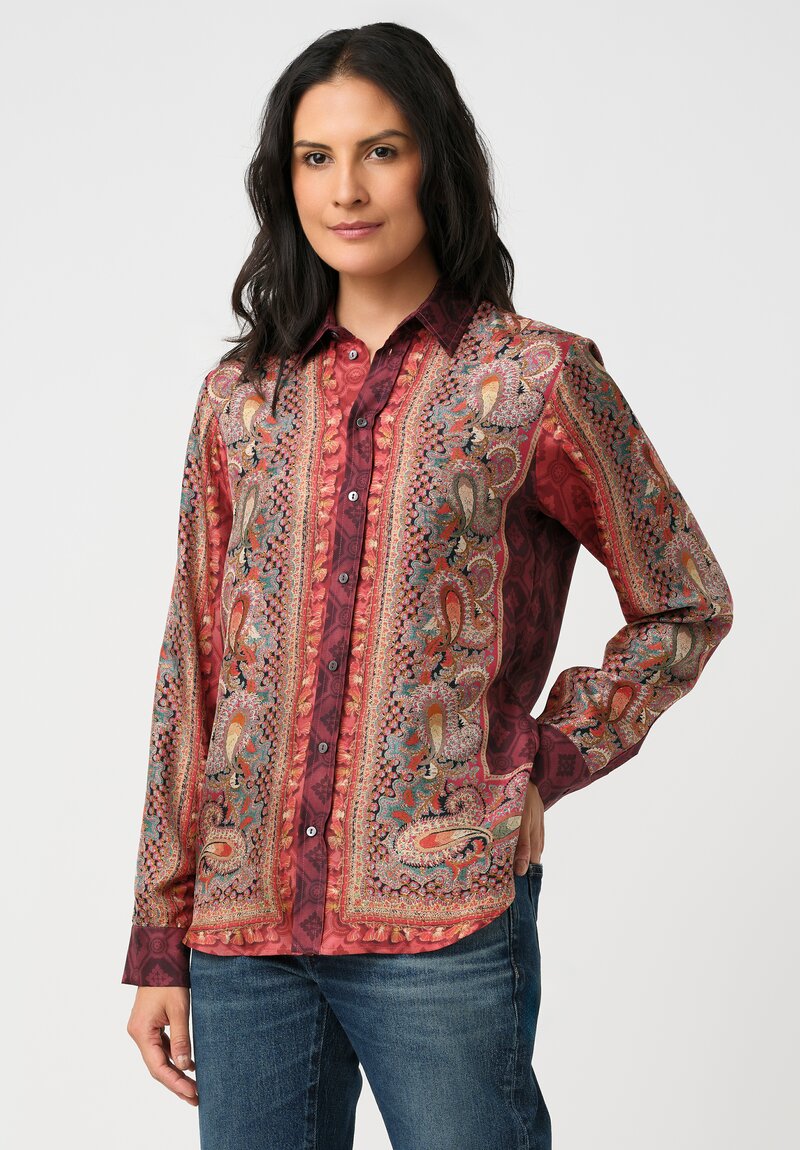 Pierre-Louis Mascia Silk Aloe Long Sleeve Button-Down Top in Paisley, Red & Burgundy Diamonds