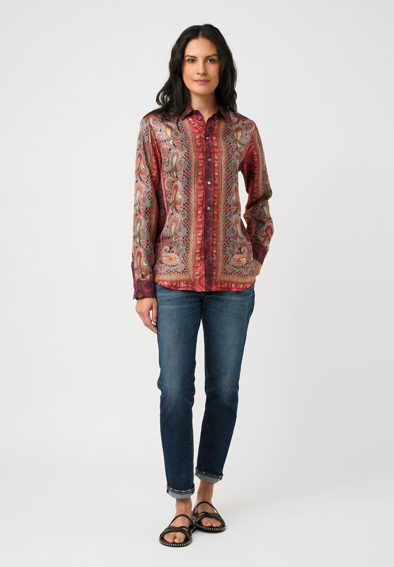 Pierre-Louis Mascia Silk Aloe Long Sleeve Button-Down Top in Paisley, Red & Burgundy Diamonds