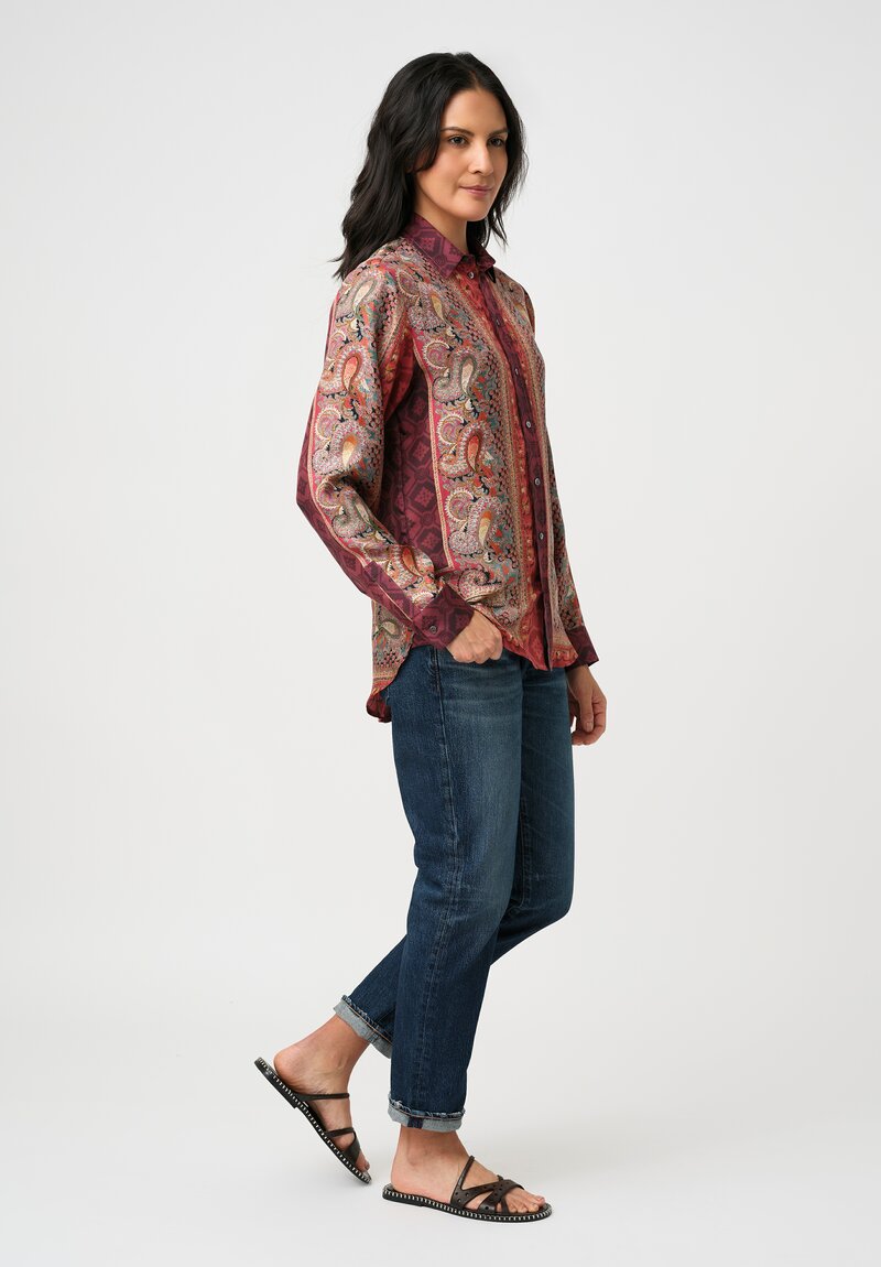 Pierre-Louis Mascia Silk Aloe Long Sleeve Button-Down Top in Paisley, Red & Burgundy Diamonds