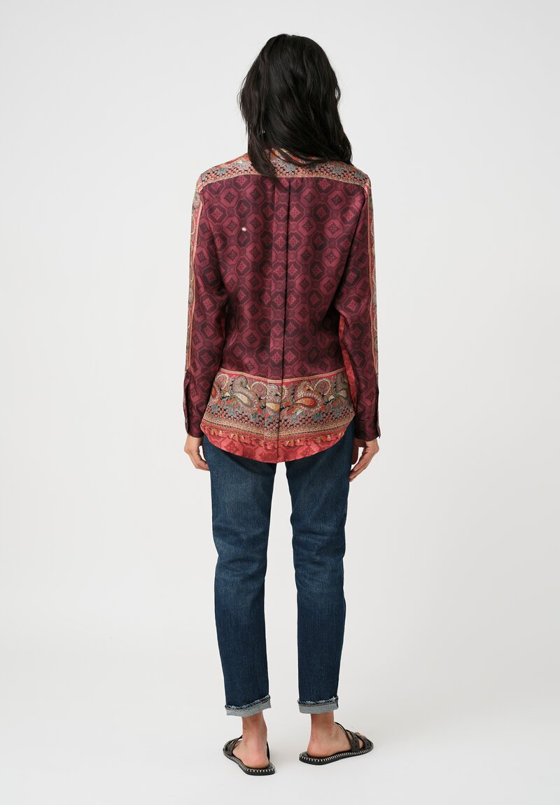 Pierre-Louis Mascia Silk Aloe Long Sleeve Button-Down Top in Paisley, Red & Burgundy Diamonds