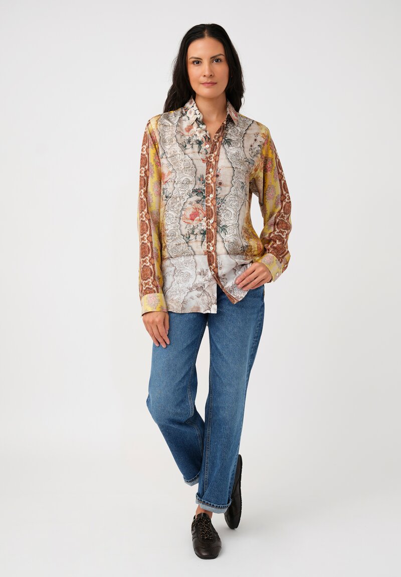 Pierre-Louis Mascia Silk Aloe Long Sleeve Button-Down Top in Yellow Gold Baroque Blooms