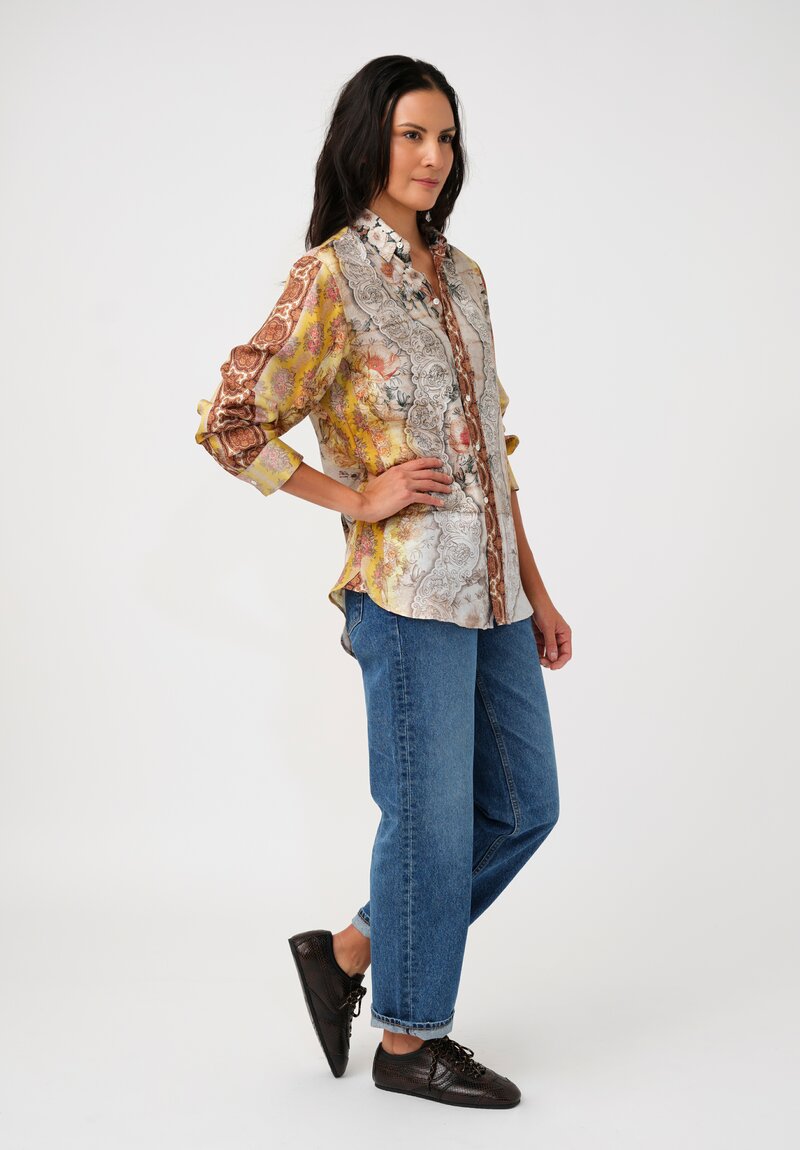 Pierre-Louis Mascia Silk Aloe Long Sleeve Button-Down Top in Yellow Gold Baroque Blooms