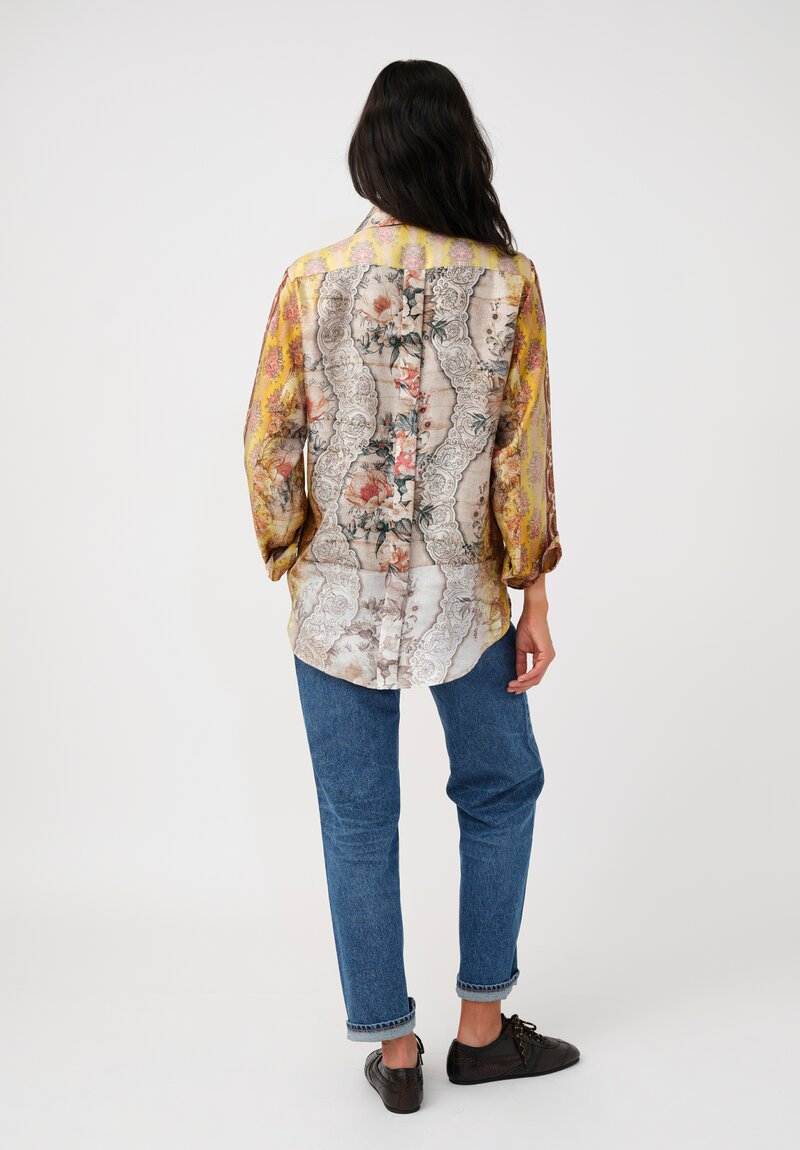 Pierre-Louis Mascia Silk Aloe Long Sleeve Button-Down Top in Yellow Gold Baroque Blooms