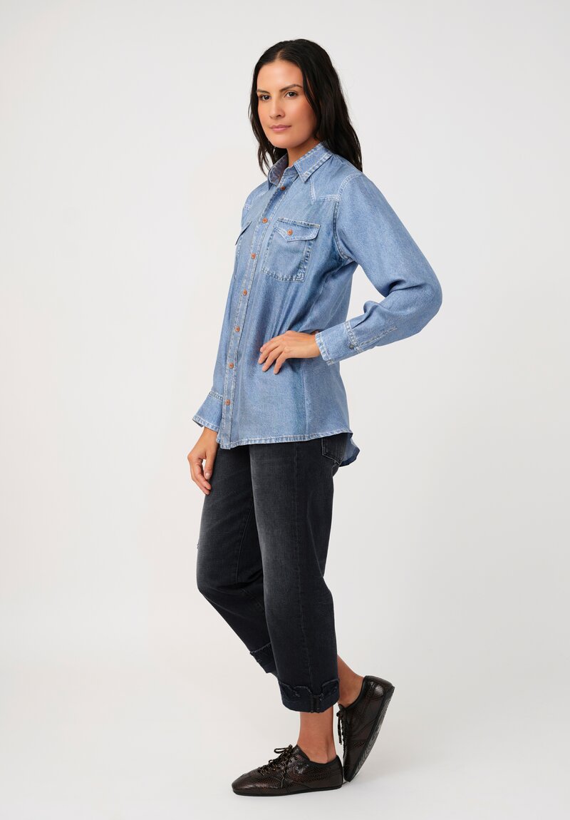 Pierre-Louis Mascia Silk Trompe l'Oeil Denim Effect Aloe Button-Down Top in Light Blue