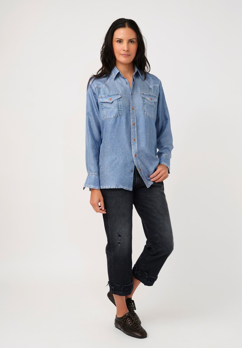 Pierre-Louis Mascia Silk Trompe l'Oeil Denim Effect Aloe Button-Down Top in Light Blue