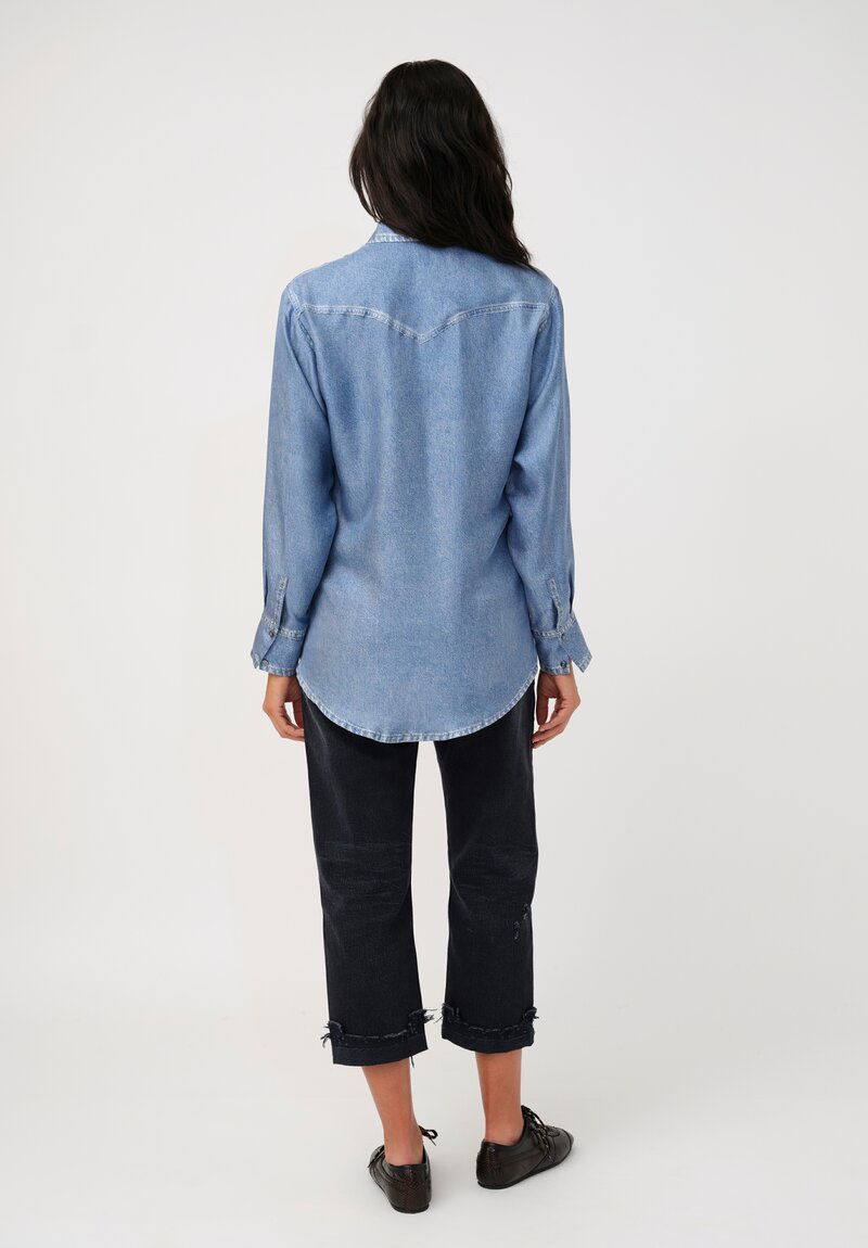 Pierre-Louis Mascia Silk Trompe l'Oeil Denim Effect Aloe Button-Down Top in Light Blue