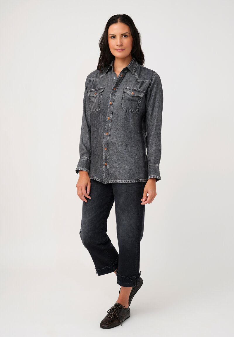 Pierre-Louis Mascia Silk Trompe l'Oeil Denim Effect Aloe Button-Down Top in Charcoal Grey Wash
