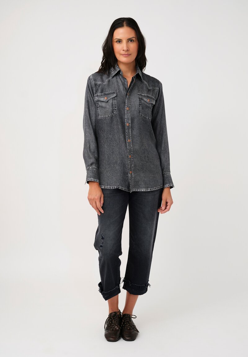 Pierre-Louis Mascia Silk Trompe l'Oeil Denim Effect Aloe Button-Down Top in Charcoal Grey Wash