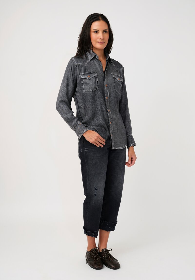 Pierre-Louis Mascia Silk Trompe l'Oeil Denim Effect Aloe Button-Down Top in Charcoal Grey Wash