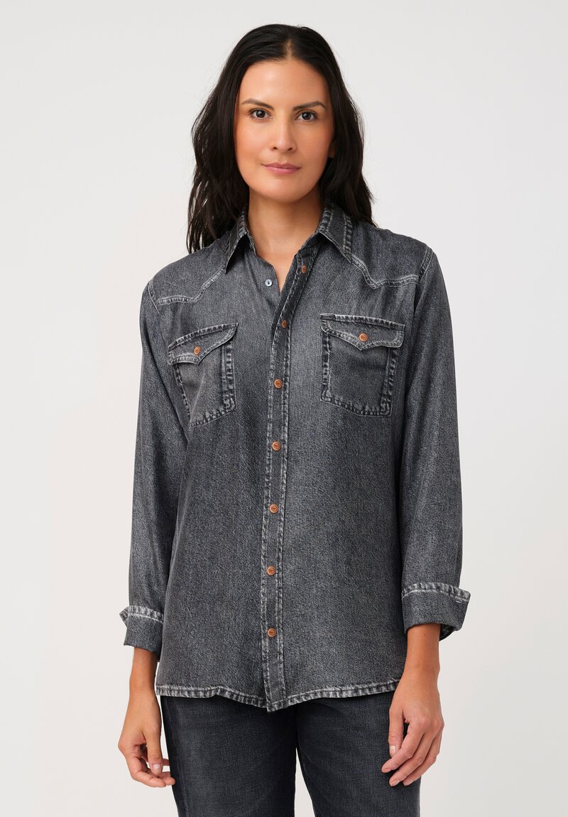 Pierre-Louis Mascia Silk Trompe l'Oeil Denim Effect Aloe Button-Down Top in Charcoal Grey Wash