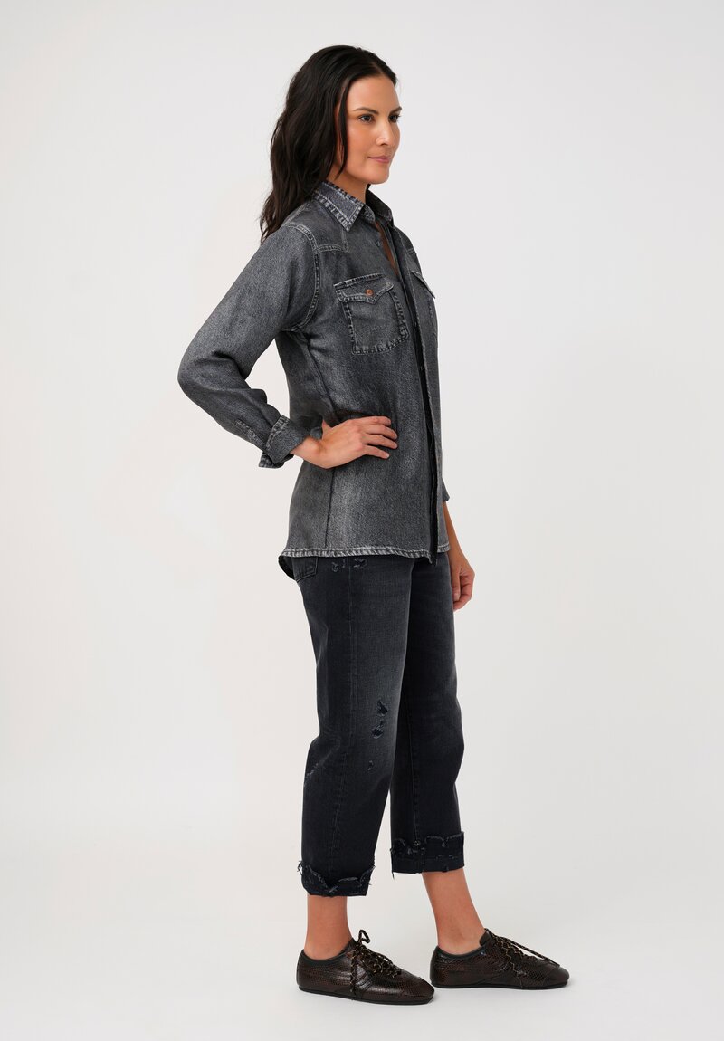 Pierre-Louis Mascia Silk Trompe l'Oeil Denim Effect Aloe Button-Down Top in Charcoal Grey Wash