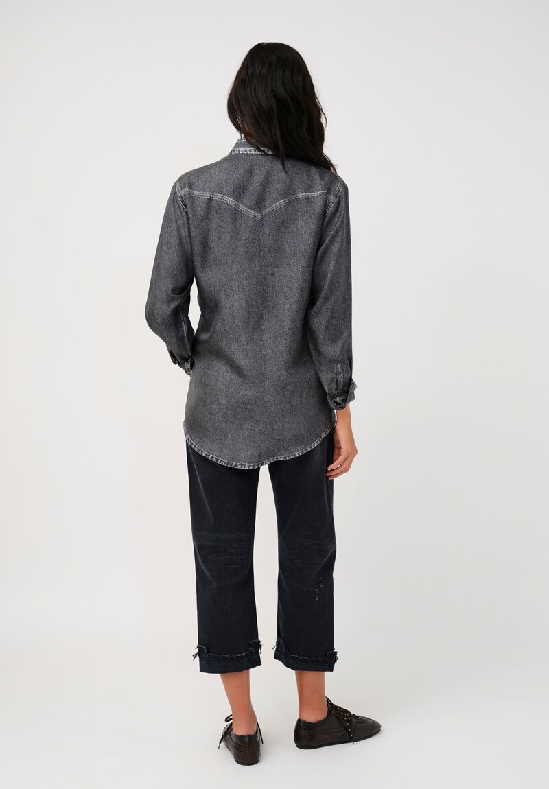 Pierre-Louis Mascia Silk Trompe l'Oeil Denim Effect Aloe Button-Down Top in Charcoal Grey Wash