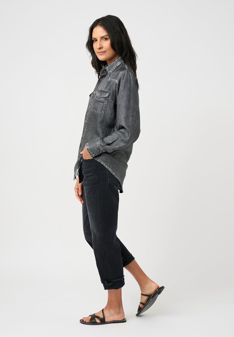 Pierre-Louis Mascia Silk Trompe l'Oeil Denim Effect Aloe Button-Down Top in Charcoal Grey Wash