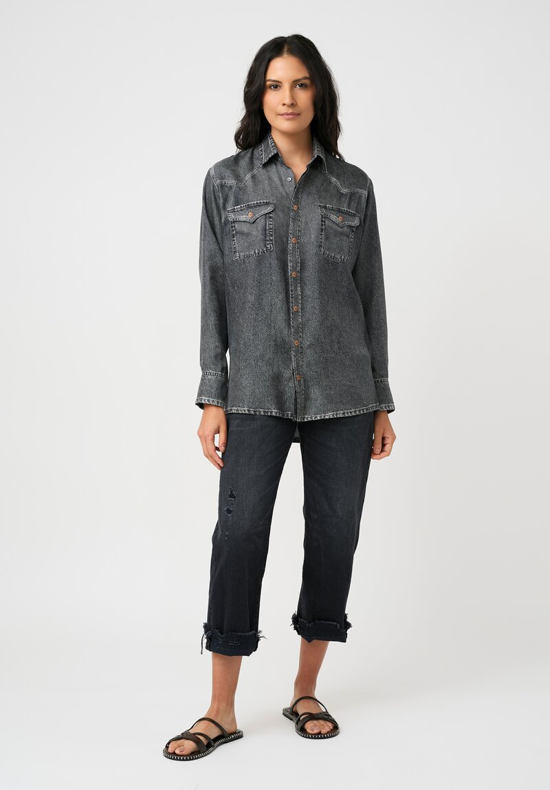 Pierre-Louis Mascia Silk Trompe l'Oeil Denim Effect Aloe Button-Down Top in Charcoal Grey Wash