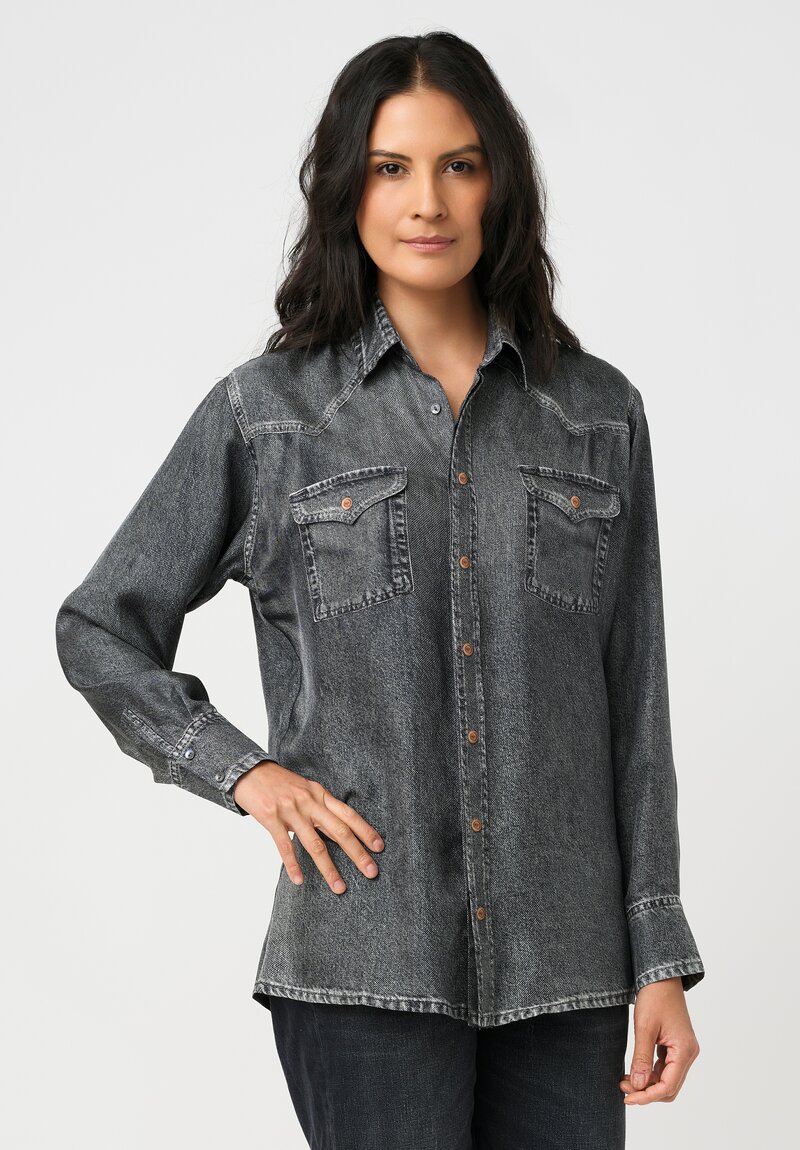 Pierre-Louis Mascia Silk Trompe l'Oeil Denim Effect Aloe Button-Down Top in Charcoal Grey Wash