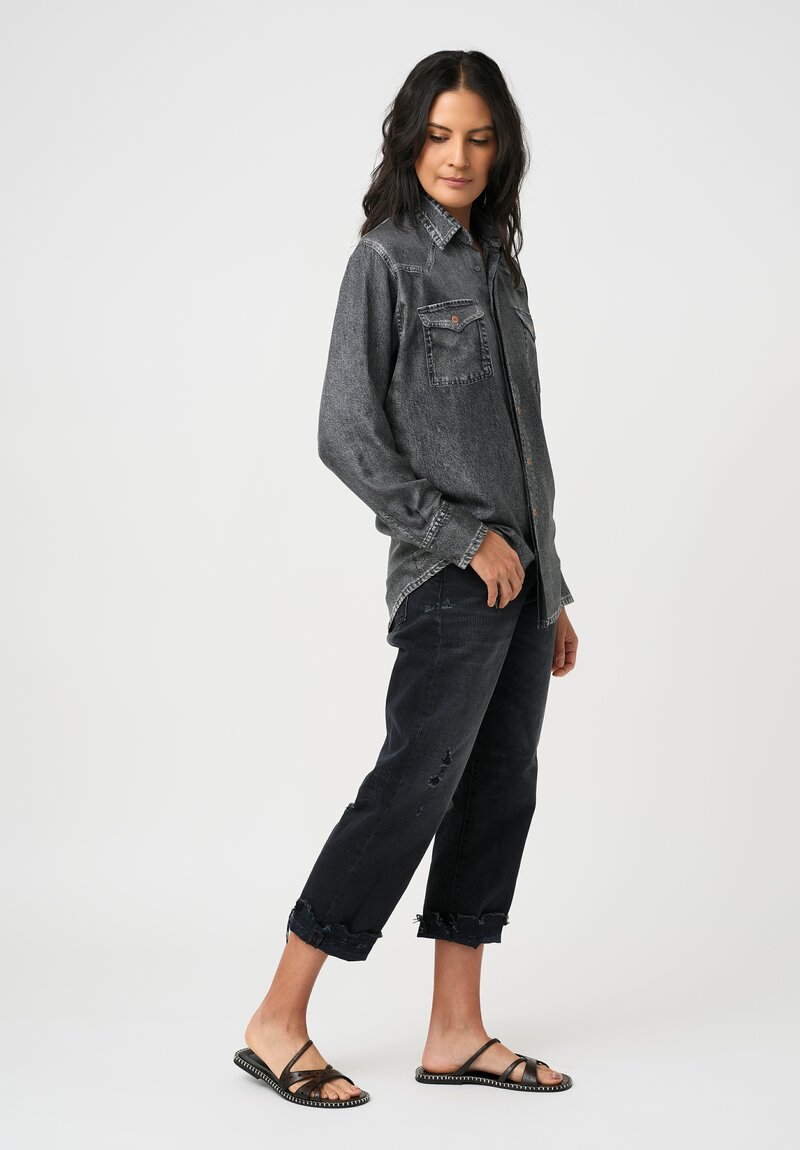 Pierre-Louis Mascia Silk Trompe l'Oeil Denim Effect Aloe Button-Down Top in Charcoal Grey Wash